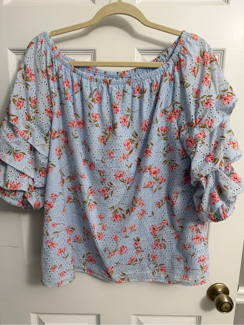 CeCe Light Blue Eyelet Off-Shoulder Top with Pink Floral Print